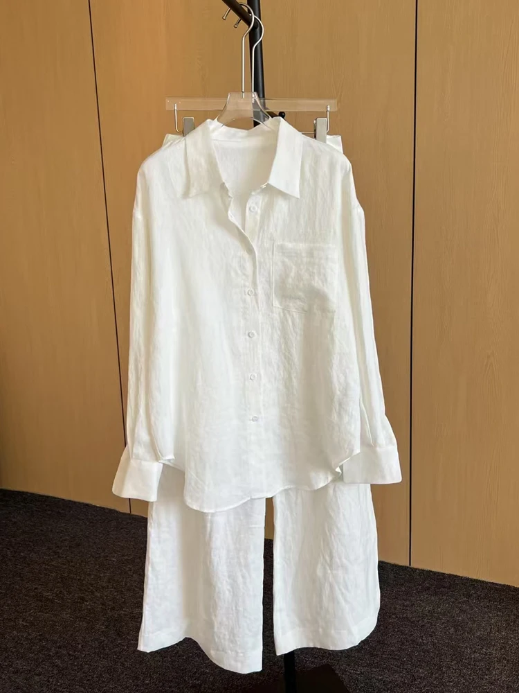 

Льняной комплект: рубашка и брюки с широкими штанинами, женский, абрикосовый, летний, новинка, модный, удобный, женский костюм