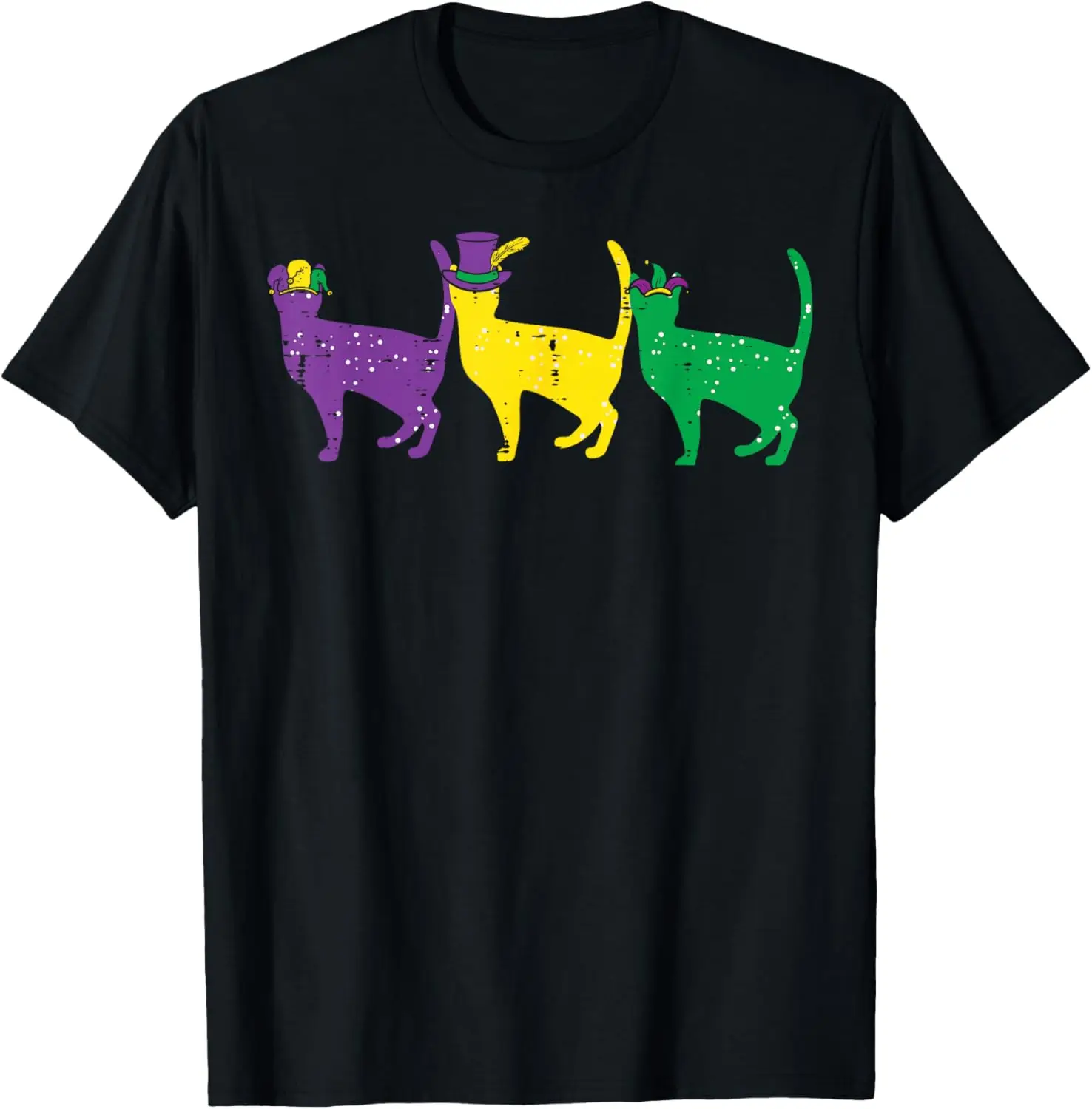 

Mardi Gras Cats Purple Yellow Green Festive Graphic Tee Short Sleeve T-Shirt Unisex Trip