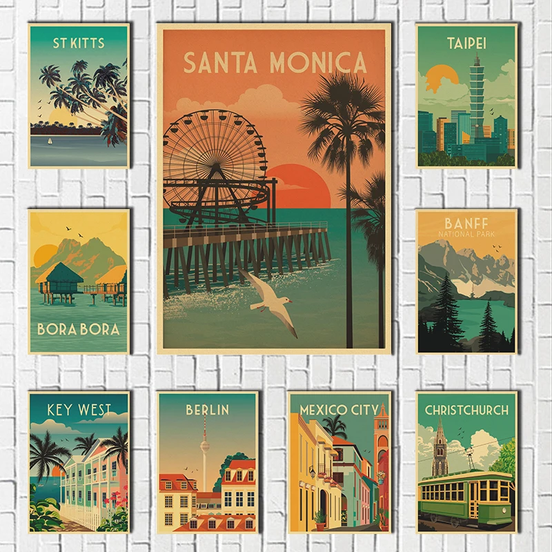 Póster de papel Kraft de viaje, arte del paisaje de la costa del mar, decoración de la sala de lectura del hogar