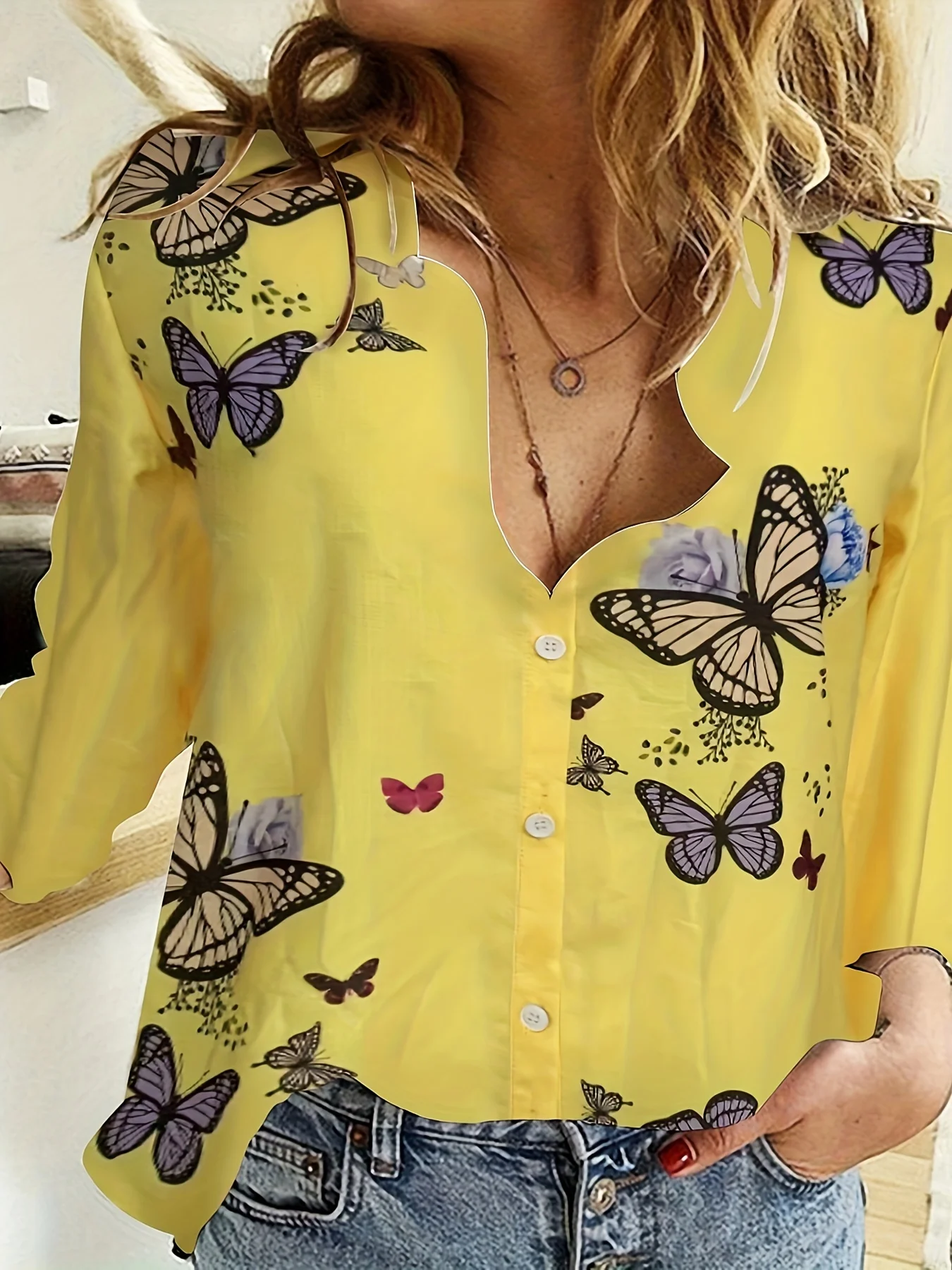 Butterfly Print Shirt, Casual Button Front Long Sleeve Collar Shirt, Womenswear