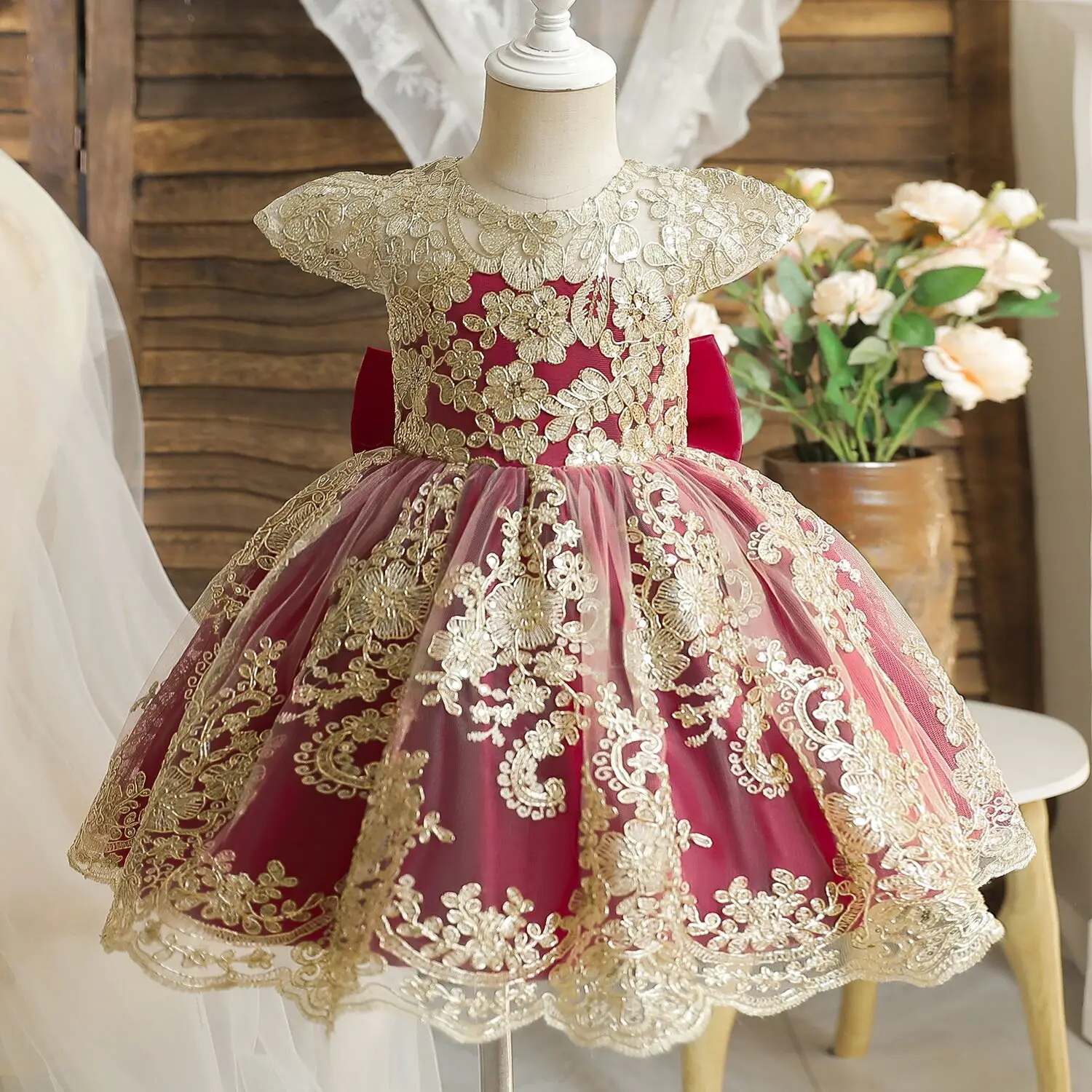 Embroidery Elegant Kids Princess Dresses for Baby Girls Backless Bow Lace Wedding Party Evening Gown Children Ceremony Costume