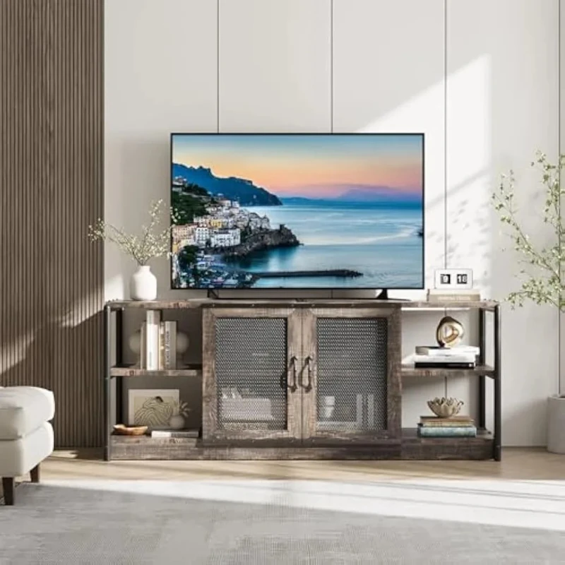 Farmhouse TV Stand for 65/75 inch TV, Entertainment Center with Storage Cabinet, Industrial TV Console Cabinet with Mesh Doors,