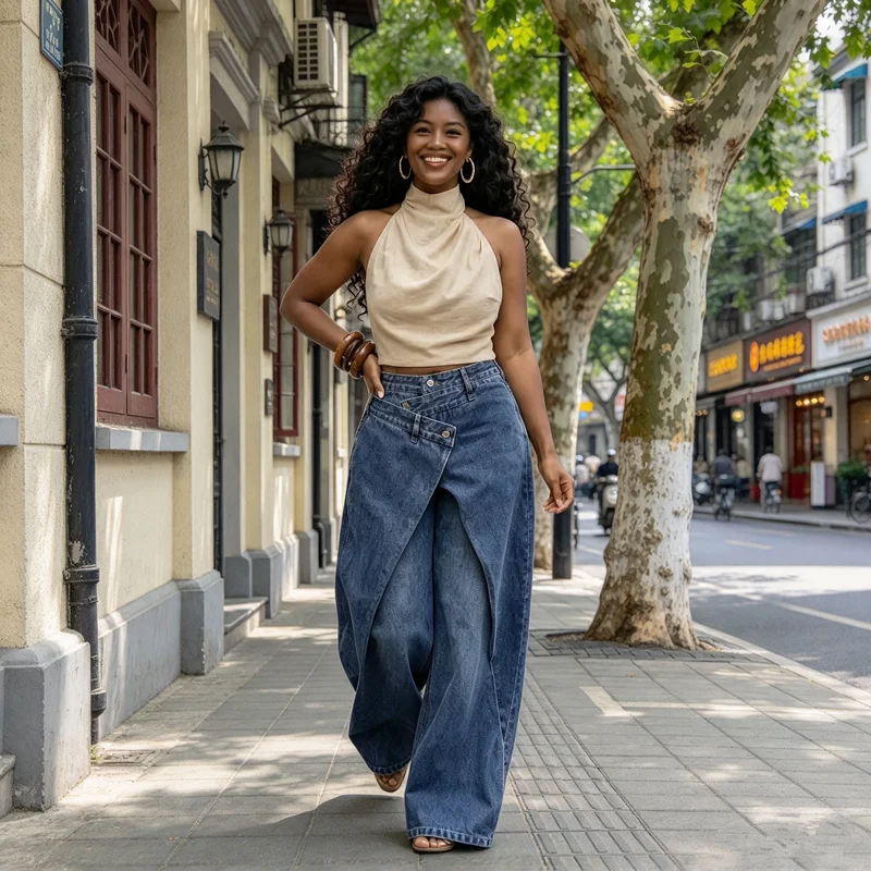 Faux Two Piece Denim Pants Women Cross Wrap Waist Skirt Overlay Jeans, Asymmetric Button Wide Leg Floor Length Trousers