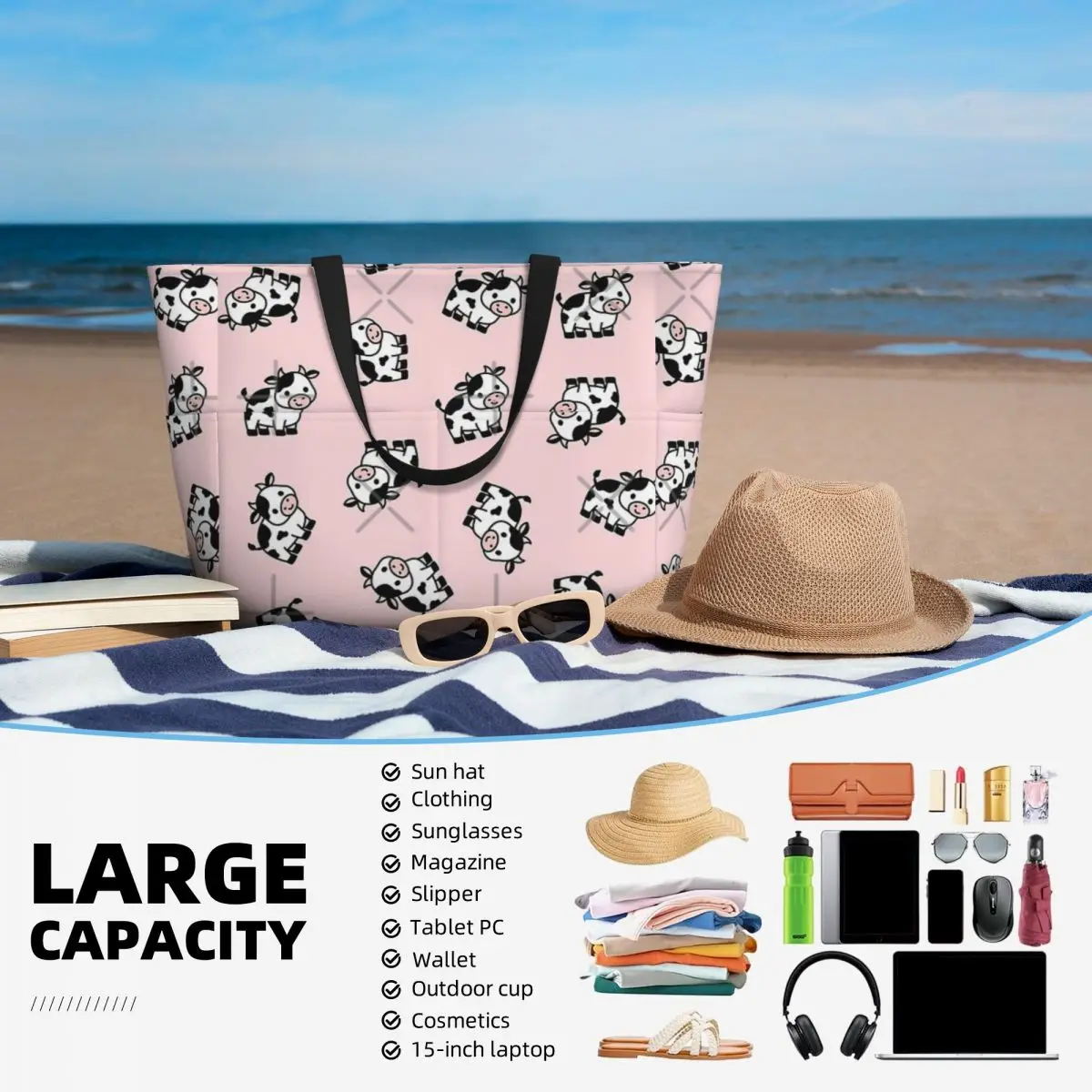 Borsa da viaggio da spiaggia per mucche, borsa da viaggio pratica regalo di compleanno da viaggio modello Multi-stile