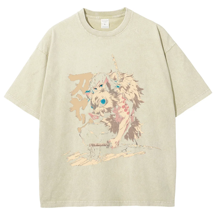 Japanese Anime Style Hand-Painted Wild Boar Print Fashion T-Shirt Unisex Oversized Wash Retro Short Sleeve High Street