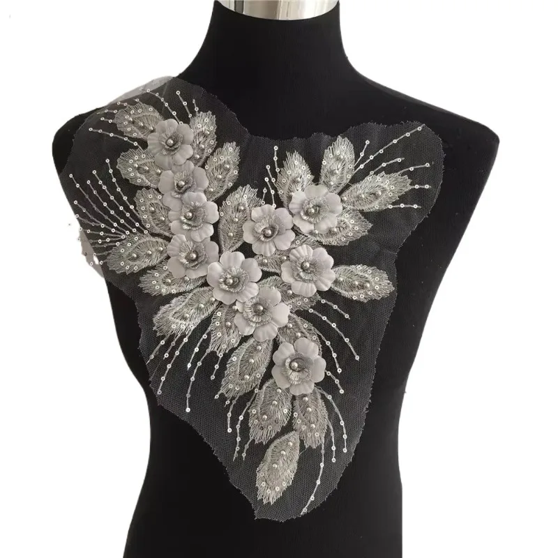 2PC Embroidery Lace Flowers Imitation Pearl Sequins Decorative Tulle Lace Collar DIY Sewing Image Color Clothing Applique Set