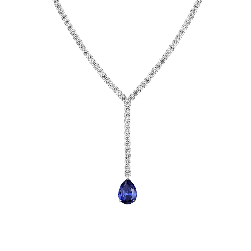 

CAMEO Fashion Jewelry 925 Silver Gold Plated Synthetic Zircon Ruby Sapphire Water Drop Y-shaped Red Blue Necklace