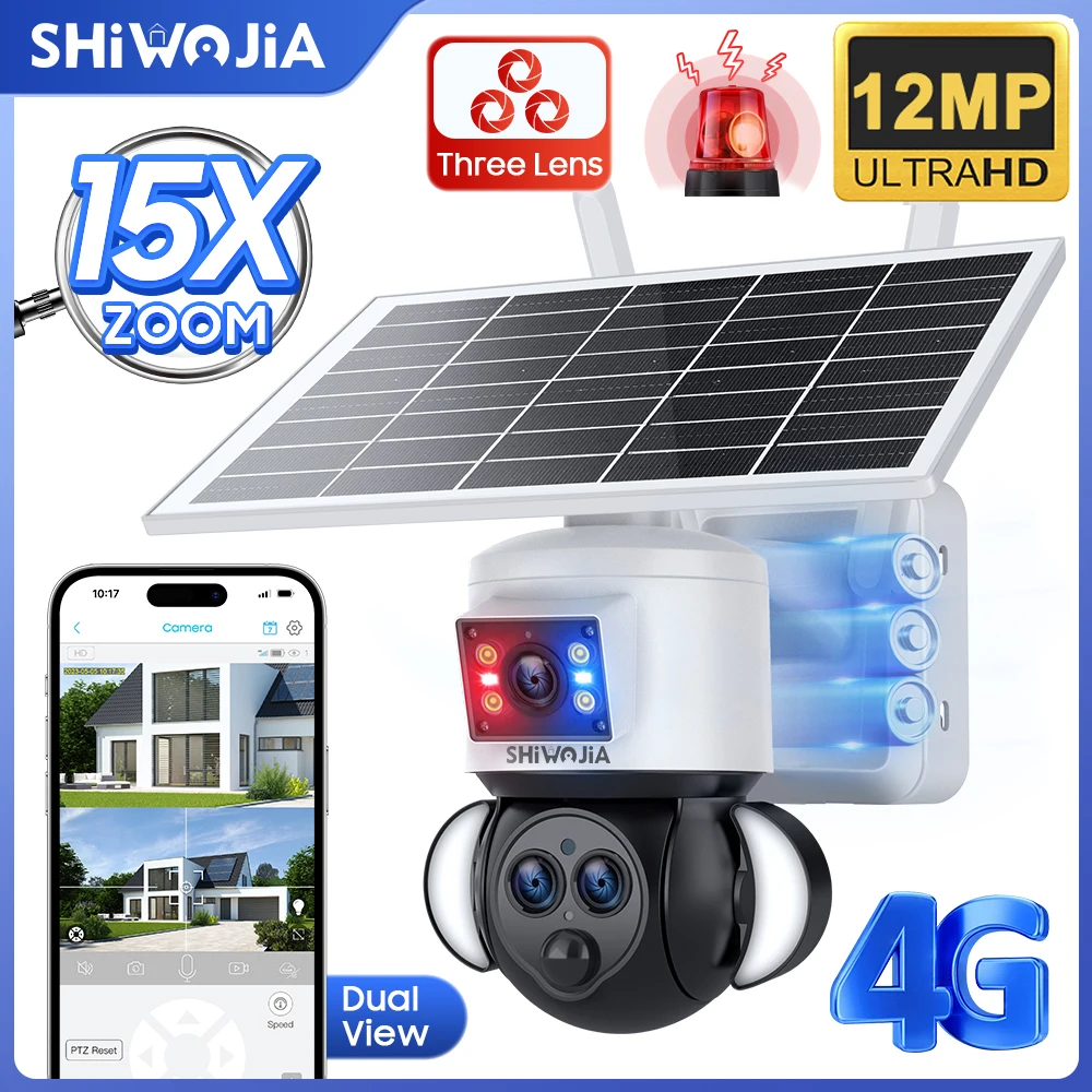 

SHIWOJIA 12MP Солнечная камера 4G SIM/WIFI Безопасность Открытый Запись с тремя объективами Отслеживание гуманоидов Ночное видение PTZ-камера Батарея CCTV
