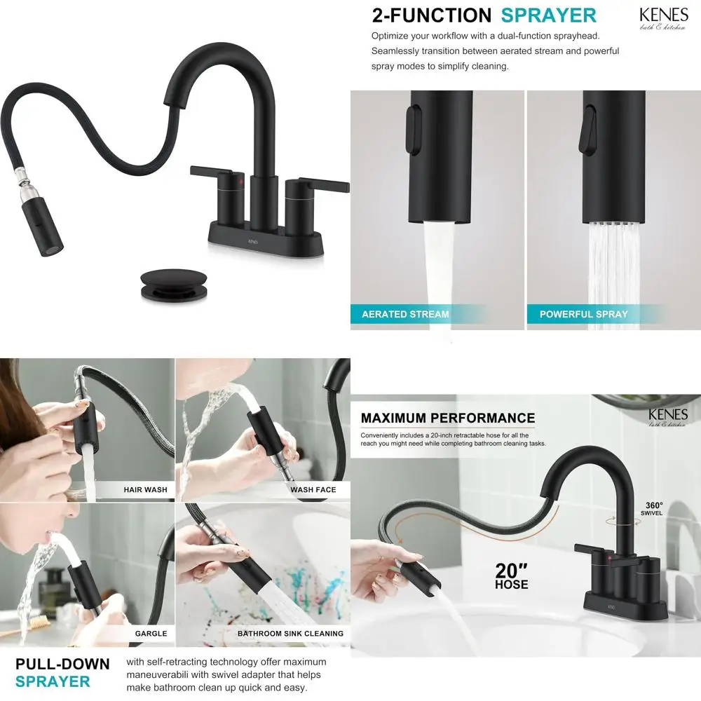 

4 Inch 2-Handle Pull-Down Spray Faucet with Pop-Up Drain for Bathroom Sink