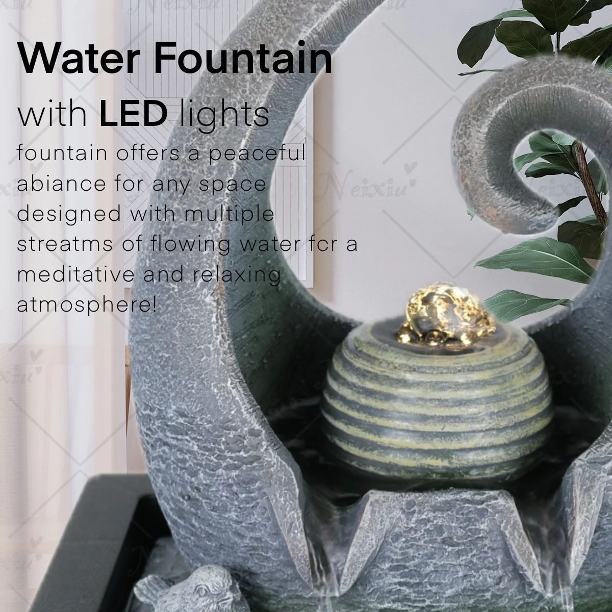 Indoor Tabletop Fountain Waterfall Fountains Water Feng Shui Zen Meditation Desktop Fountain with LED Light for Home and Office