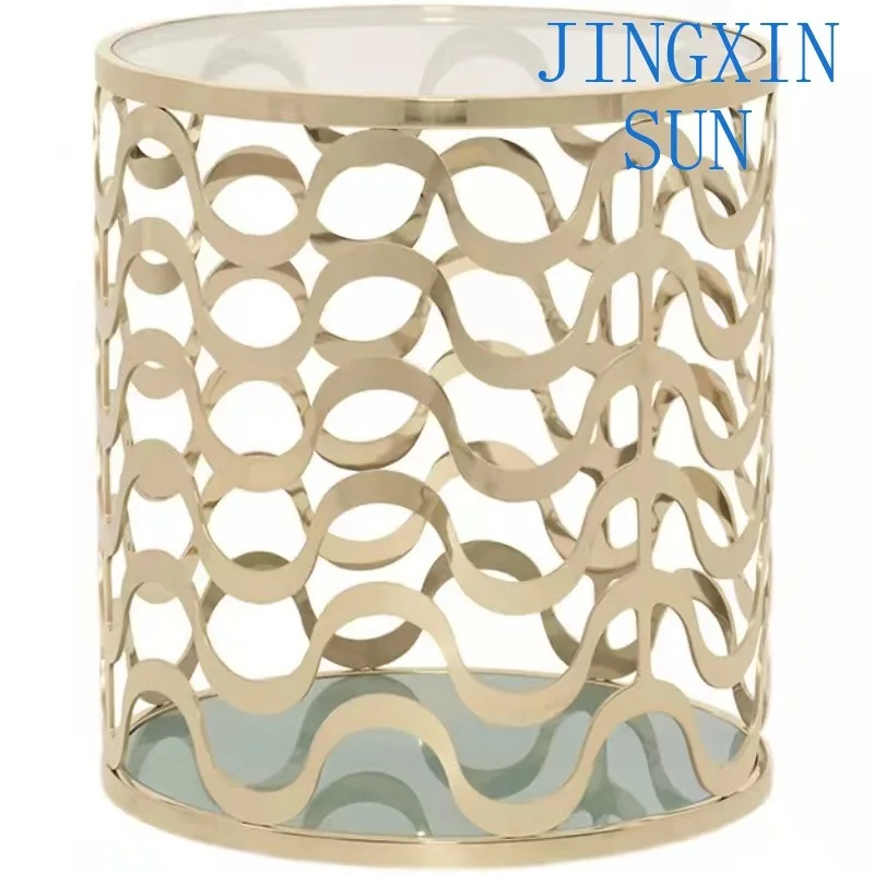 American light luxury champagne gold stainless steel wavy pattern hollow tempered glass round coffee table creative living room