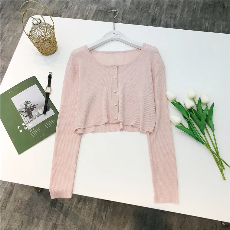 9017 Plus Size Internet Celebrity Gleicher Stil 3 Farben Kurze Strickjacke Jacke Rundhals Pullover Lose Sonnenschutz