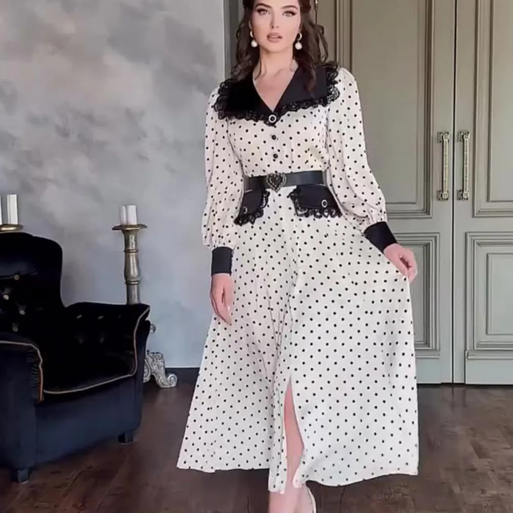 

2024 Summer New Place Doll Neck Slim Fit Polka Dot Print Dress Retro Lace Waistband Fashion Office Lady Boho Women's Clothes