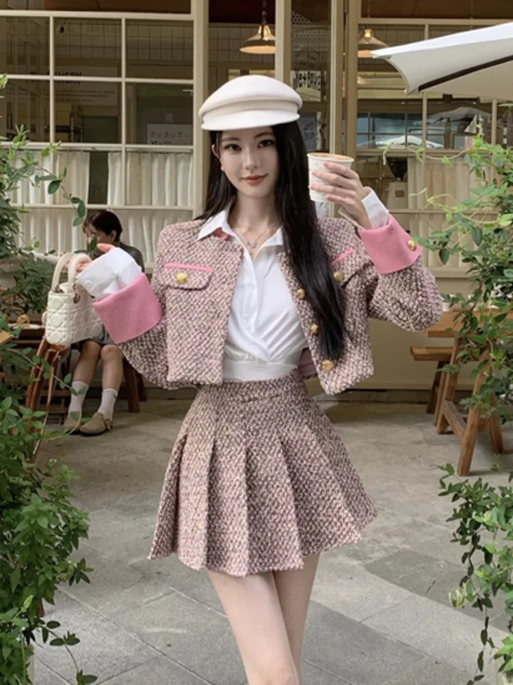 High Quality French Tweed Winter Clothes Women Two Piece Set Sweet Fashion Short Jacket Coat + Pleated Short Skirt 2 Piece Suits