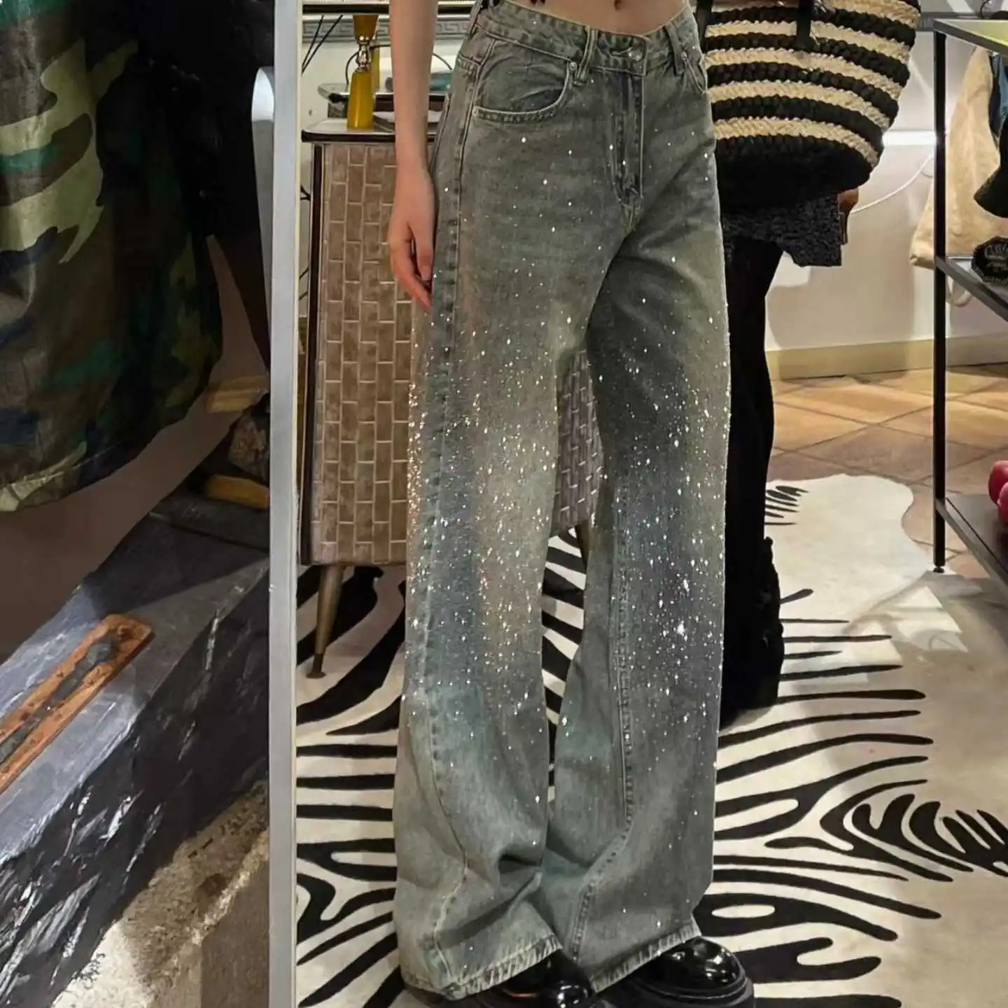 

2025 Autumn Winter Women's Denim Pants Bling Low Rise Flared Jean Rhinestone Bell Bottom Japanese Y2k 2000s Baggy Cowboy Jeans