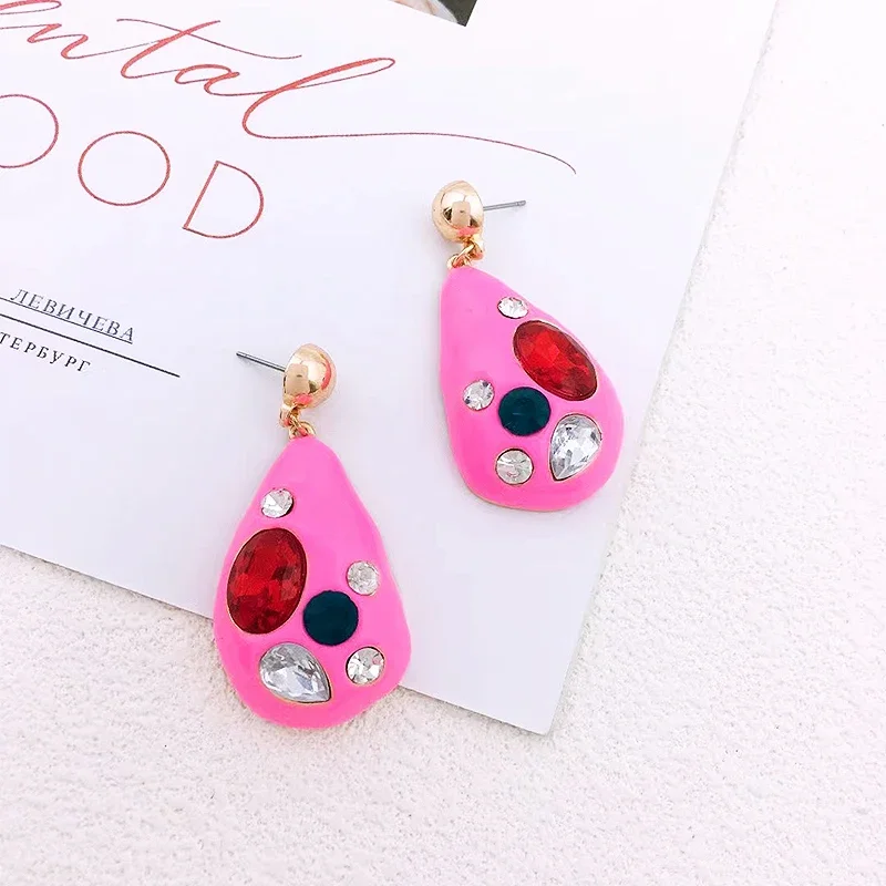 Fashion Aesthetic Colorful Rhinestone Water Drop Earrings for Women Jewelry Geometric Zircon Oil Dripping Enamel Post Earring