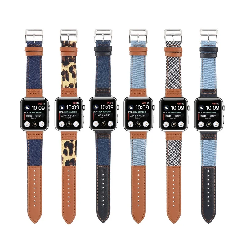 Denim Canvas + Genuine Leather Mixed Color Strap for Apple Watch Series 7/se/6/5/4/3/2/1 (41mm 45mm 44mm 40mm 42mm 38mm)