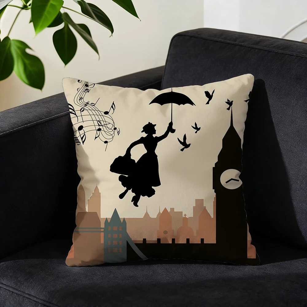 1Pc Mary Poppins Silhouette Cushion Cover Beige London Skyline Musical Notes Pillowcase Living Room Sofa Bed Decorative Throw Ca