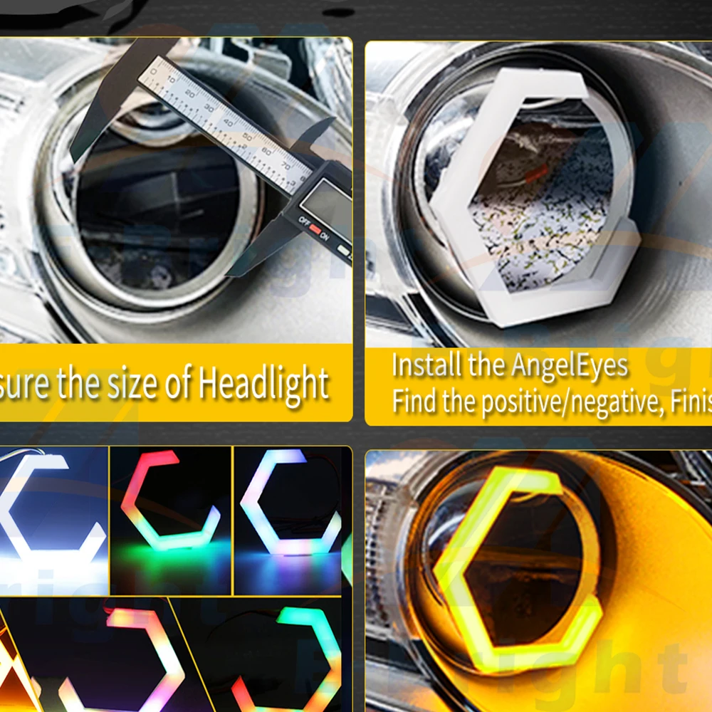 12V 24V RGB Hexagon Angel Eyes Halo Rings Retrofit Reflektor Samochodowy Motocykl Przełącznik Biały DRL + Bursztynowy Kierunkowskaz 1 Zestaw