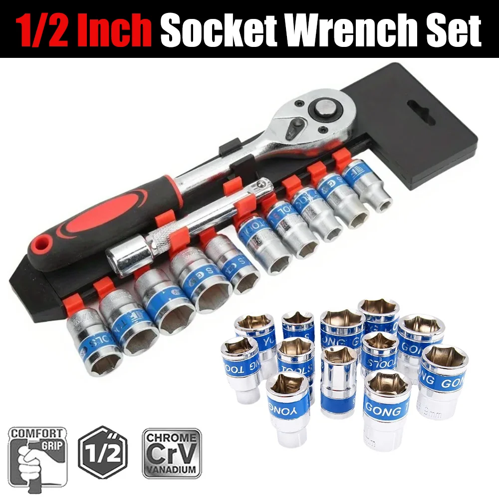 

1/2 Inch Socket Wrench Set Metric Impact Sockets Ratchet Spanner Complete Tool Kit Professional Garage Repair Tool