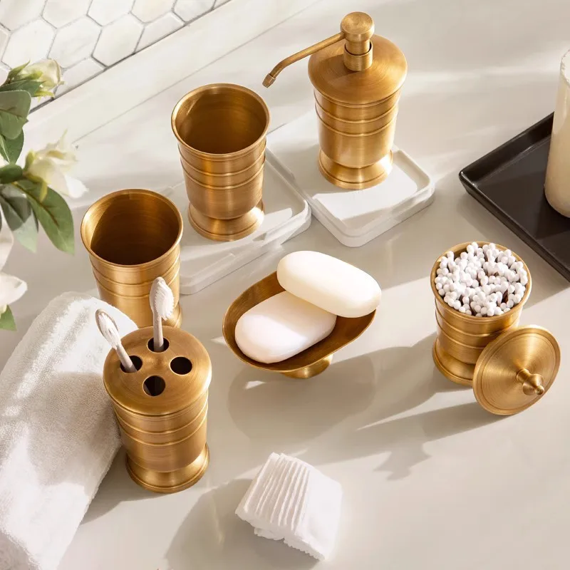 All-brass bathroom set: draining toothbrush holder, mouthwash cup and pump-action hand wash bottle storage