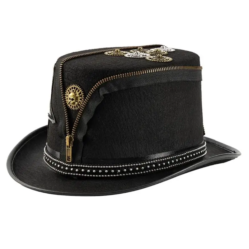 

39BD Steampunk Gothic Top Hat with Zipper and Gear Victorian Costume Head Accessory For Cosplay Parties And Festival Event