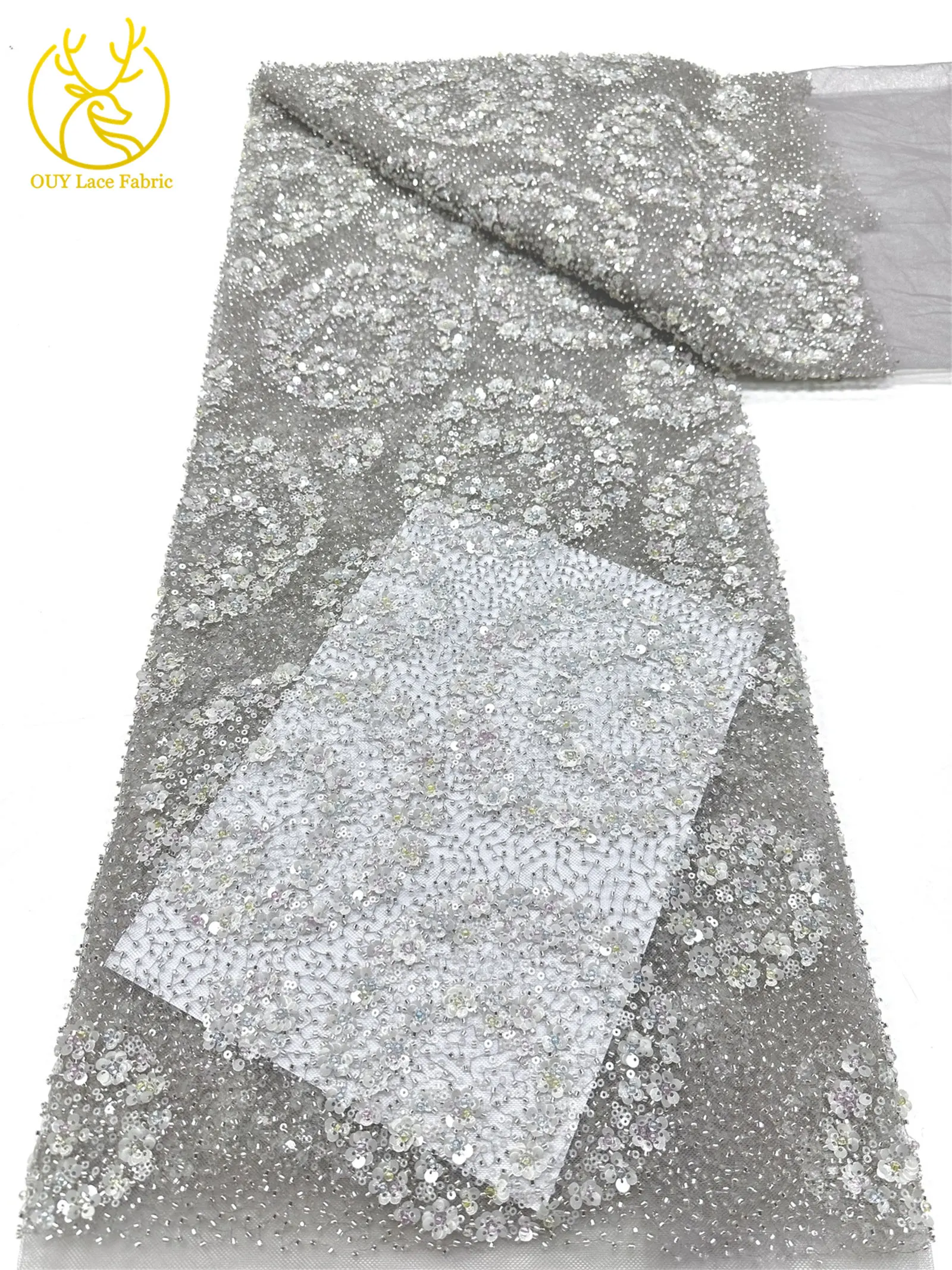Exquisiter, eleganter nigerianischer bestickter Tüll-Spitzenstoff mit Perlen und Pailletten für Damen, zum Nähen von Ballkleidern. – Detail 18