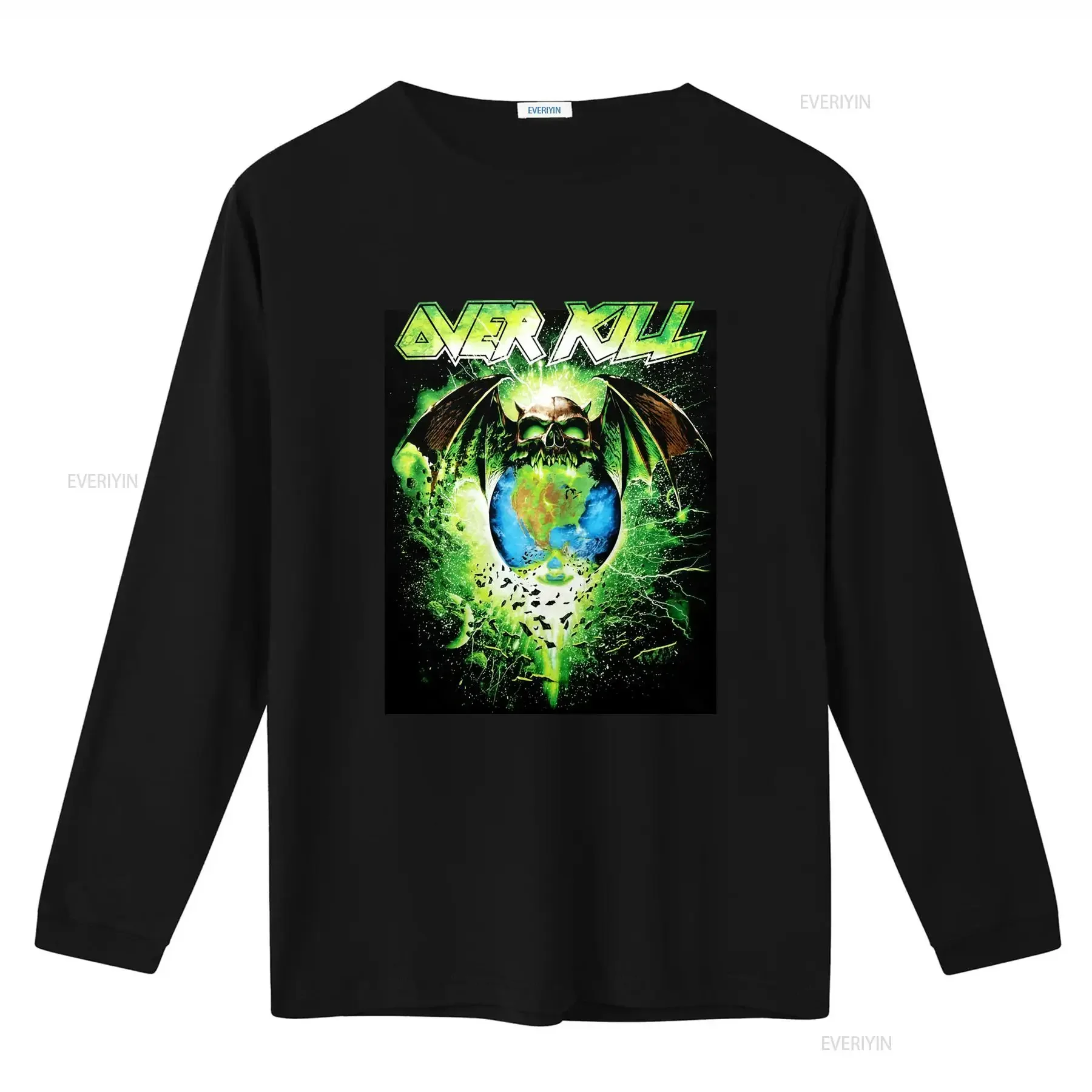 Overkill Men's Black T Shirt with Skull Earth and Bat Print Small Size vintage Washed designer clothes Stretched Unisex Casual