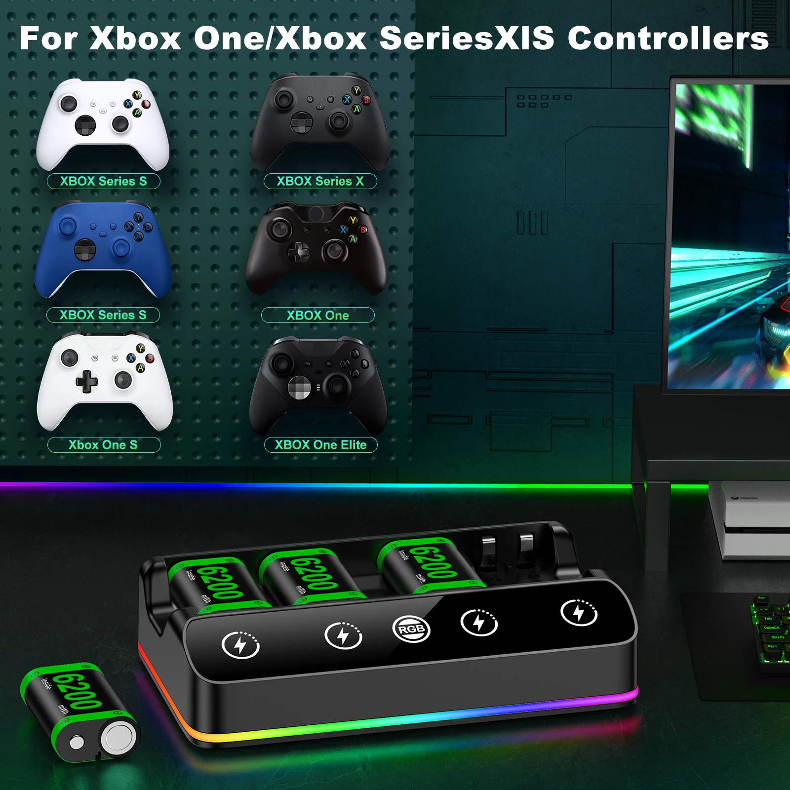 DinoFire 4*4080mWh für Xbox Wiederaufladbarer Akku 15-Stunden-Spielzeit für Xbox One/S/X/Elite-Controller | Mehrfarbige LED – Detail 11