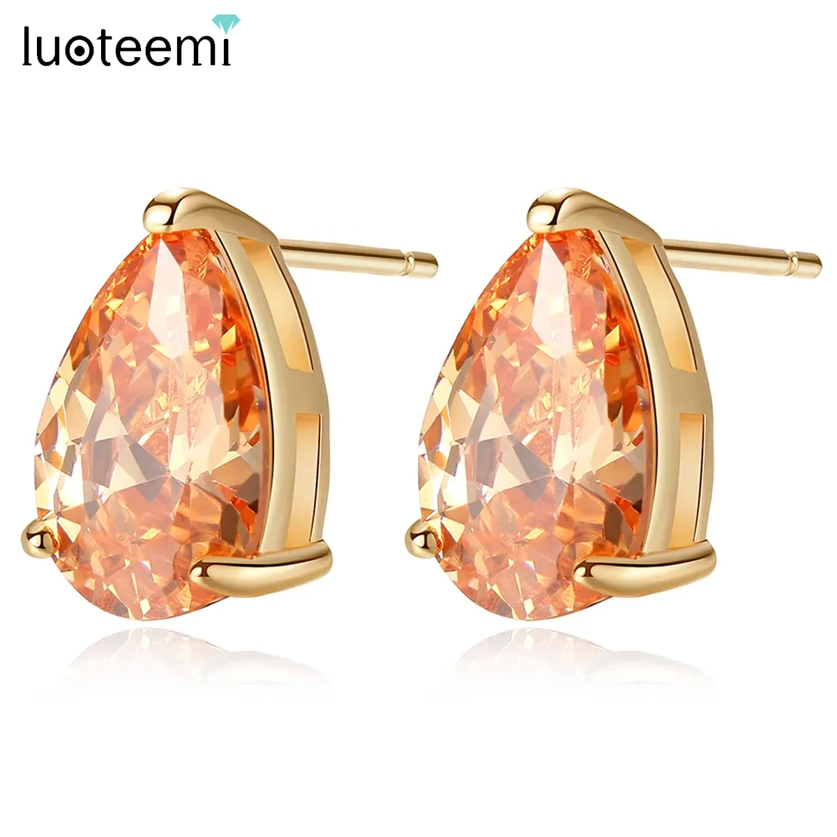 LUOTEEMI Fashion Champagne Gold Color Teardrop CZ Stud Earrings for Women Red Yellow Stone Earrings Wedding Jewelry Gift Brincos