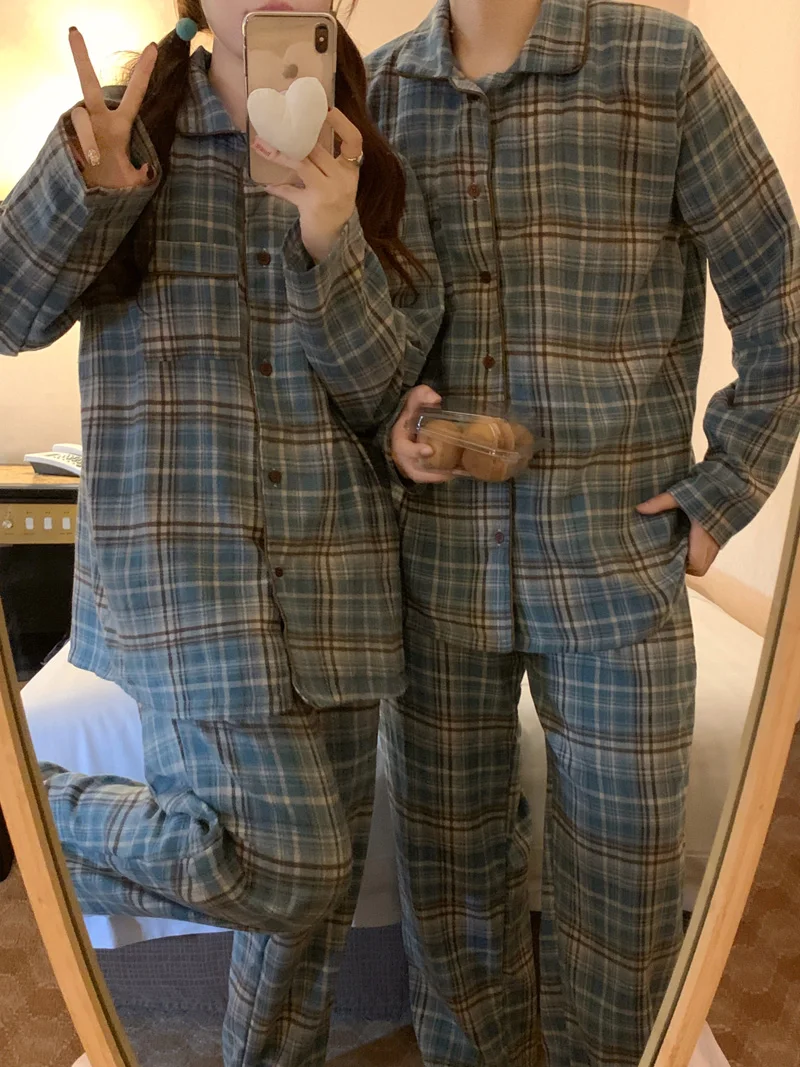 Vintage Plaid Autumn Home Suit Women Single Breasted Shirts + Trousers Cotton Casual Harajuku Pajamas Set Pocket Home Suit Blue