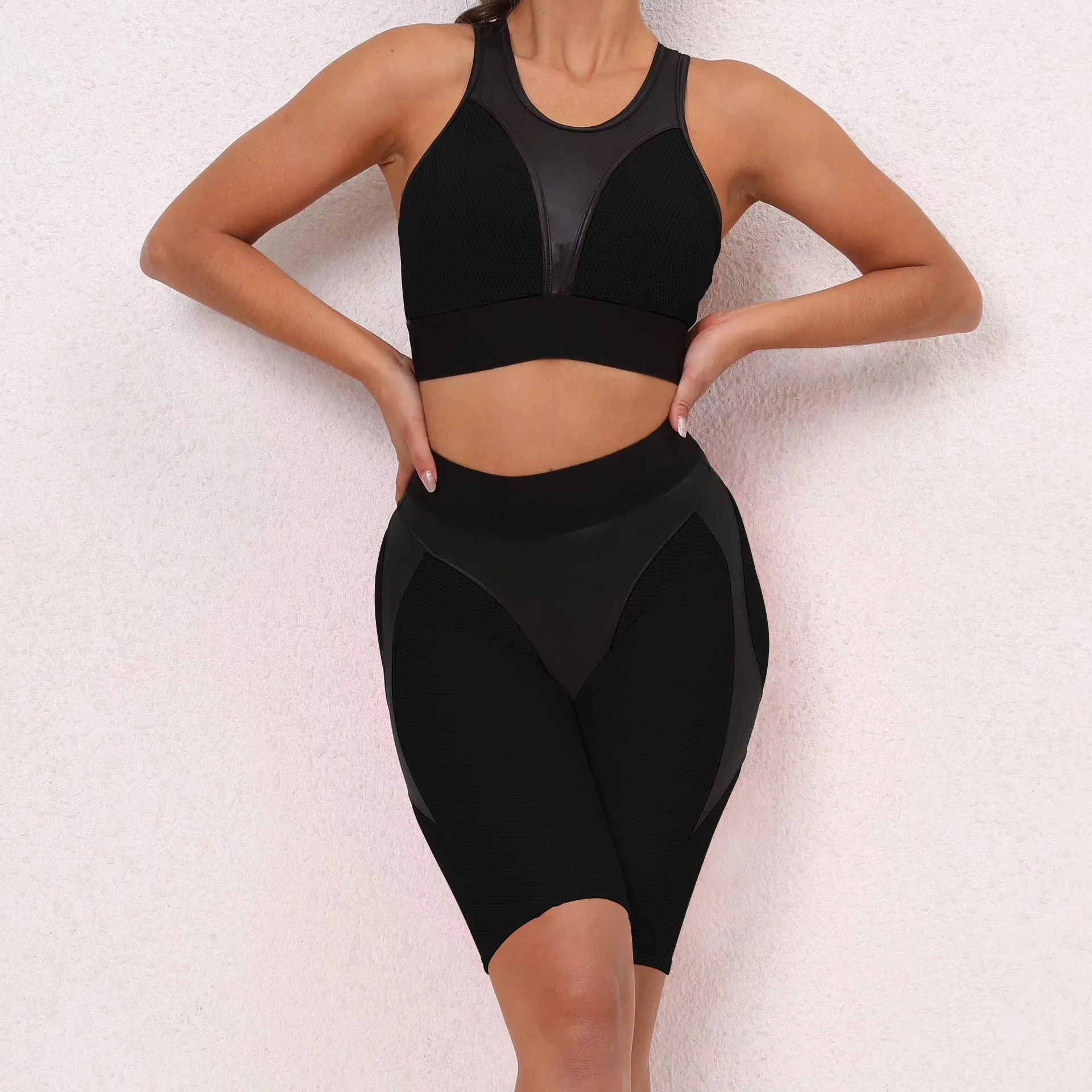 2024 Gym Sets Womens Outfits Honeycomb Workout Clothes for Women 2024 Mesh Sport Biker Shorts Set Lycra Yoga Suit for Fitness