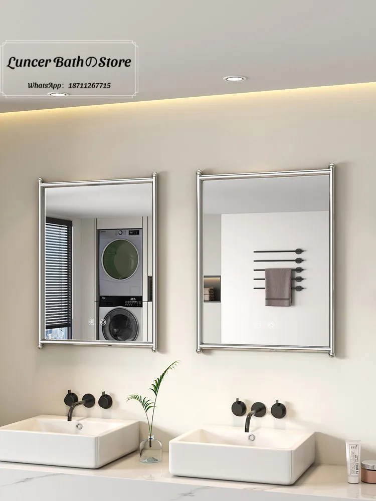 French stainless steel bathroom mirror simple antique bathroom mirror square mirror hotel homestay bathroom backlight