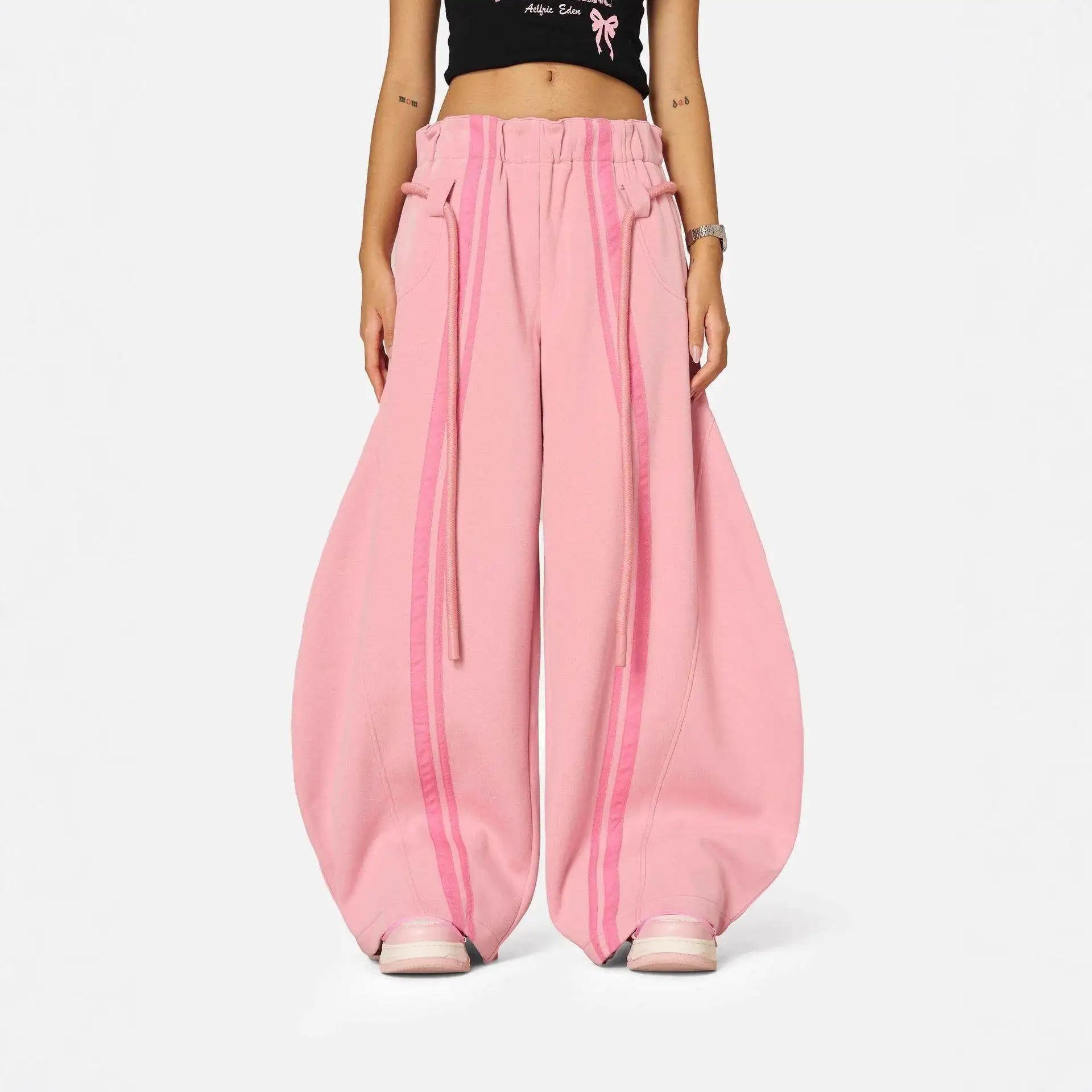 

Модные женские повседневные брюки Street Sle свободного кроя с широкими штанинами, на шнурке, в пол, с регулировкой талии