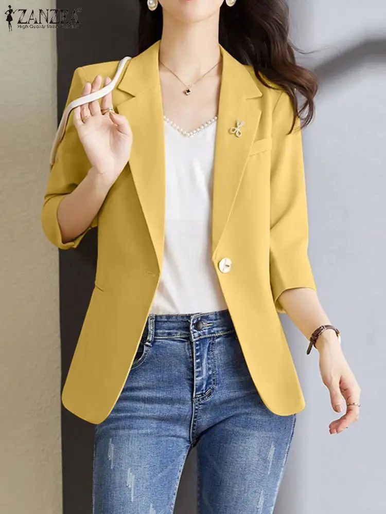 

Casual Office Workwear 2023 ZANZEA Elegant Women Blazer Suits Summer Lapel Neck 3/4 Sleeve Thin Coats Solid OL Outwear Cardigan