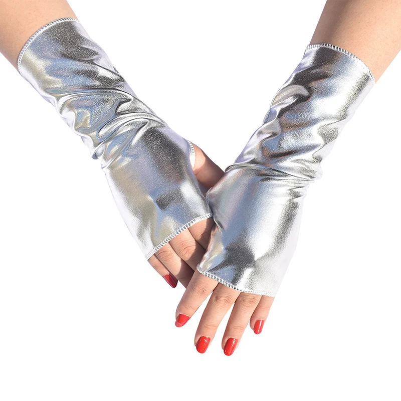 Gold Color Wet Look Fake Leather Metallic Gloves Evening Party Performance Mittens Women Sexy Elbow Length Long Latex Gloves