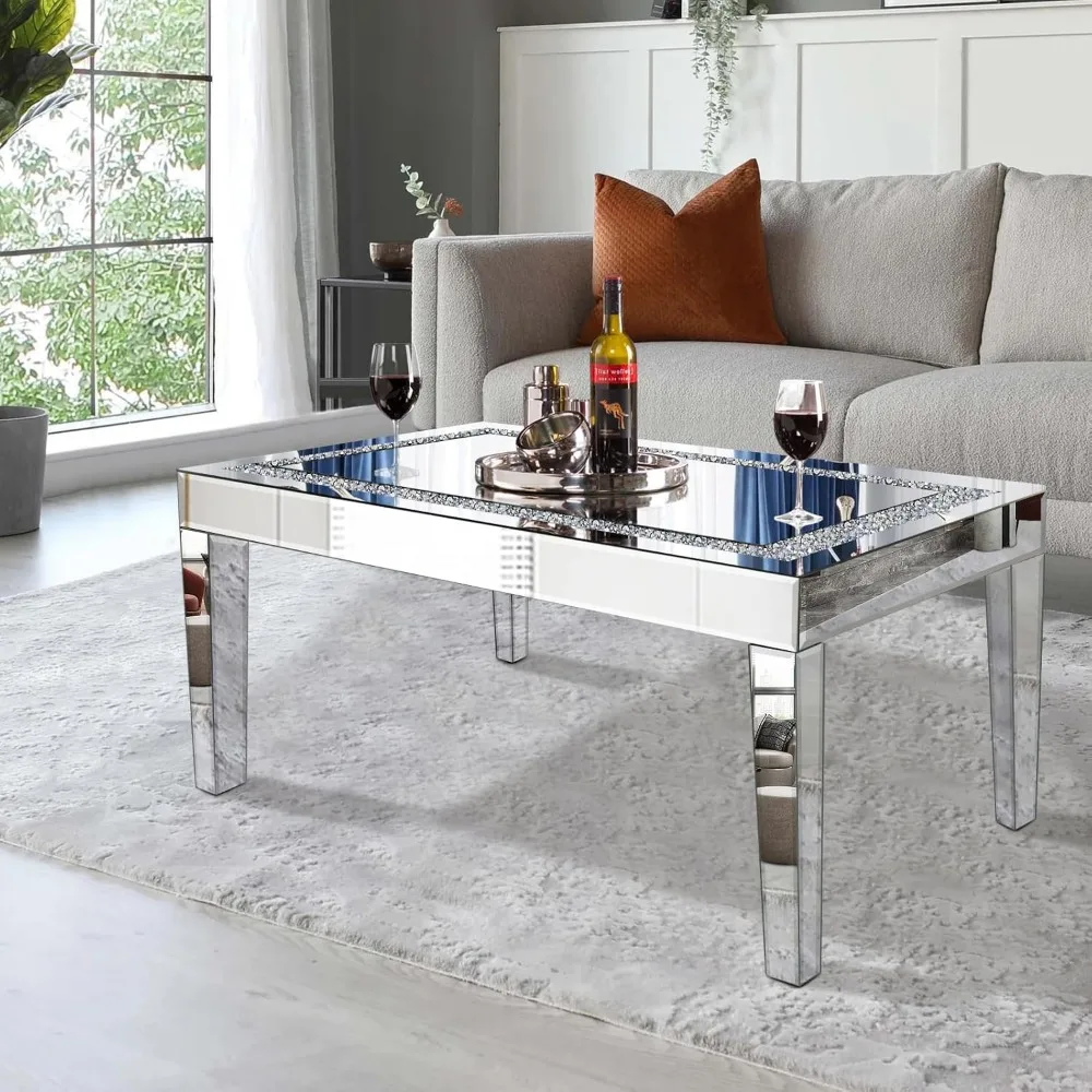 Gleaming Silver Coffee Table with Crystal Accents, Rectangular Glass Top with Mirrored Edges, Contemporary Living Room Centerpie