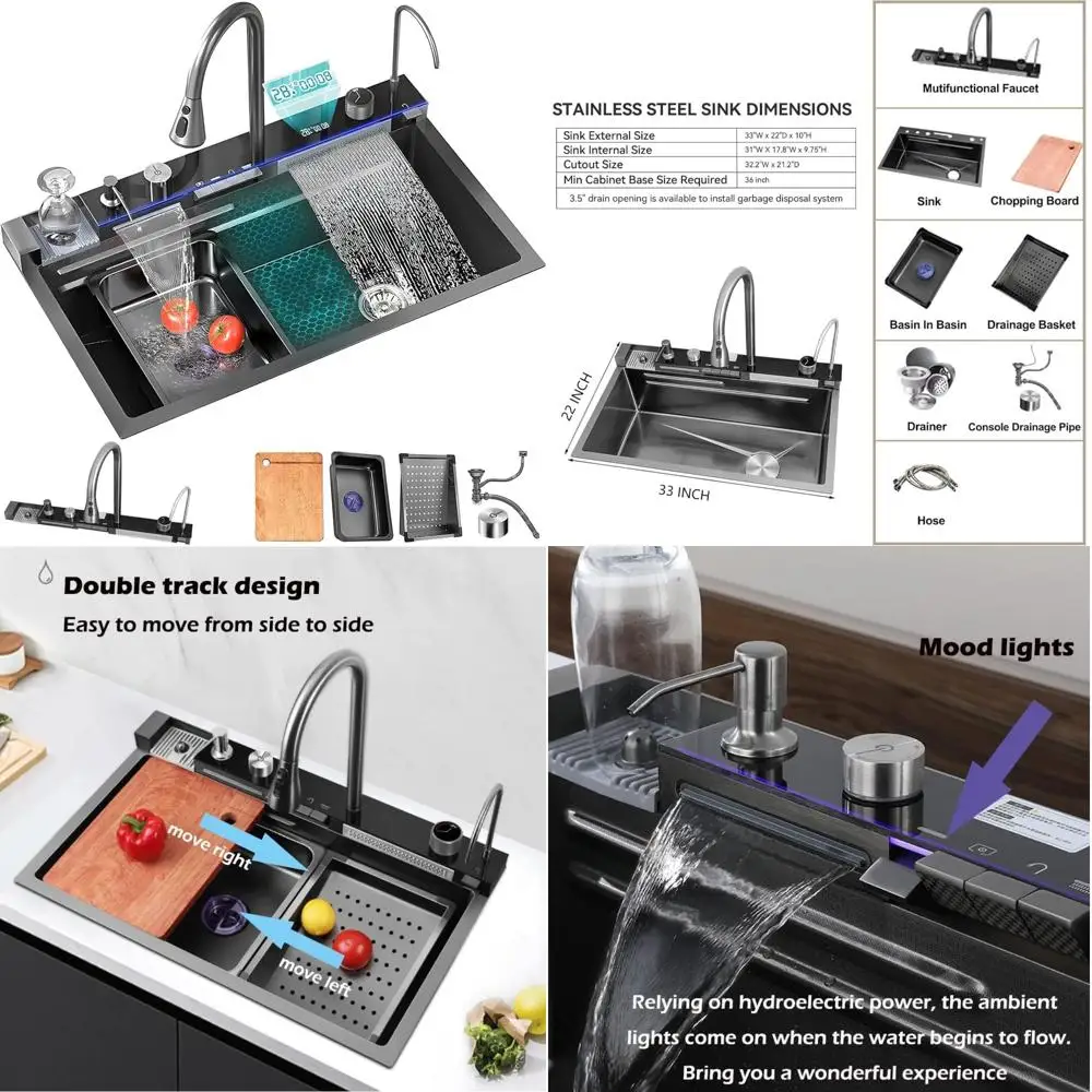

33x22 Inch Black Nano Kitchen Sink - Single Bowl, Waterfall Faucet, Pull-Out Spray, Integrated Work Area, Drainer Basket