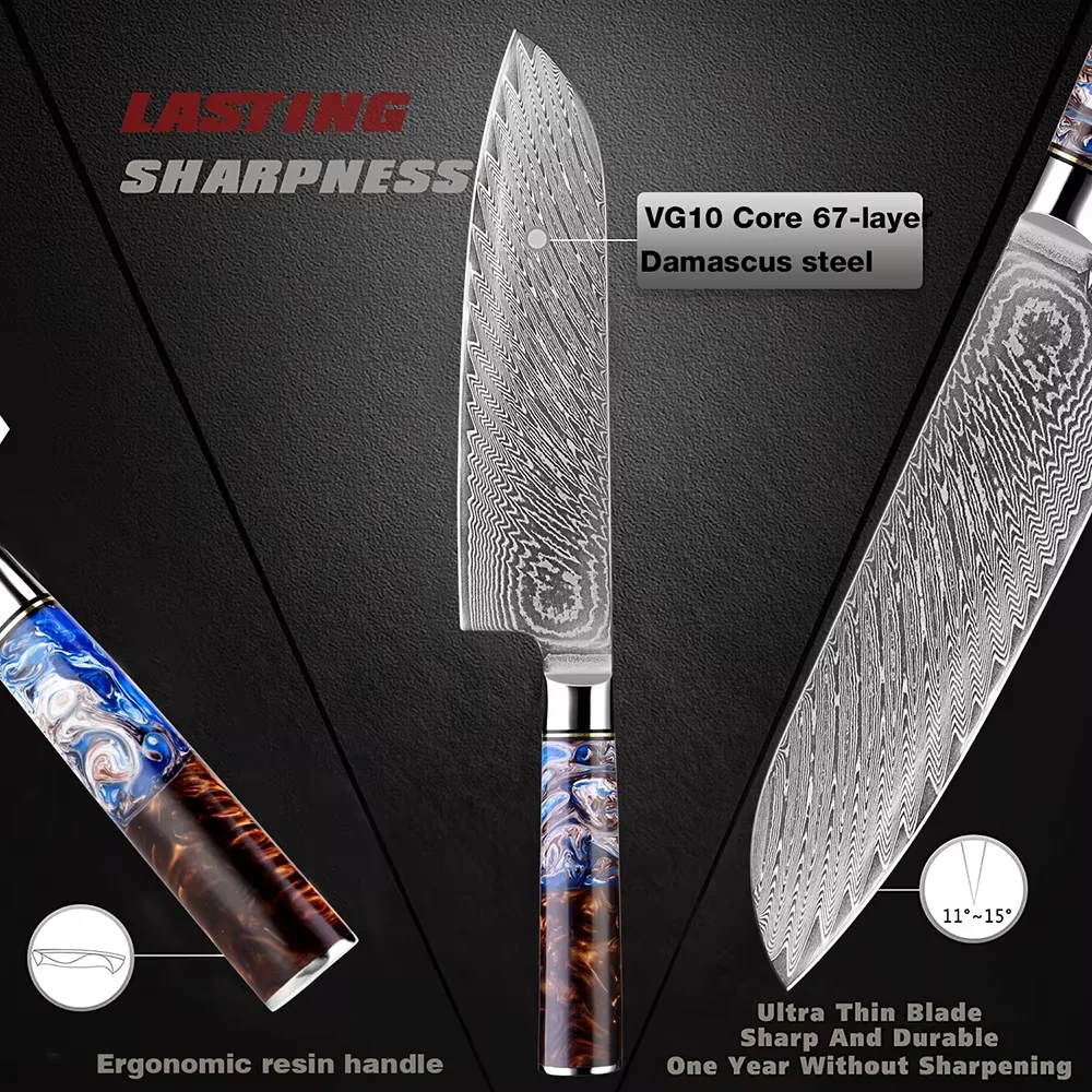Japanese Damascus Steel Santoku Knife 7 Inch Sharp Kitchen Slicing Knife Ergonomic Resin Handle Chef Knife Sharp Cooking Knives