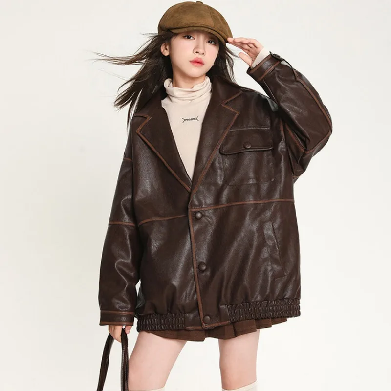 Girl's Coat Leather Jacket Thickened Rabbit Fur, One Winter Suit Collar Leather Jacket 2025 New Korean Version