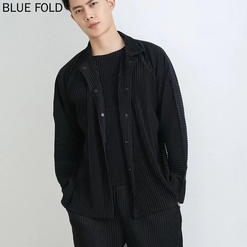 Miyake Pleated Shirt for Men, Long-Sleeved Jacket, Cardigan, Black Light Three-Dimensional Sleeve, Youth, Japanese Style, PLEATS