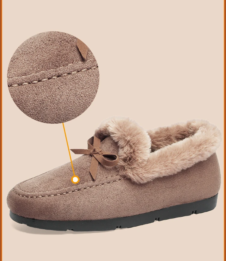 Women Winter Casual Shoes New Moccasins Soft Flat Non-slip Loafers Fashion Comfort Warm Plush Bow Slip on Female Cotton Shoes