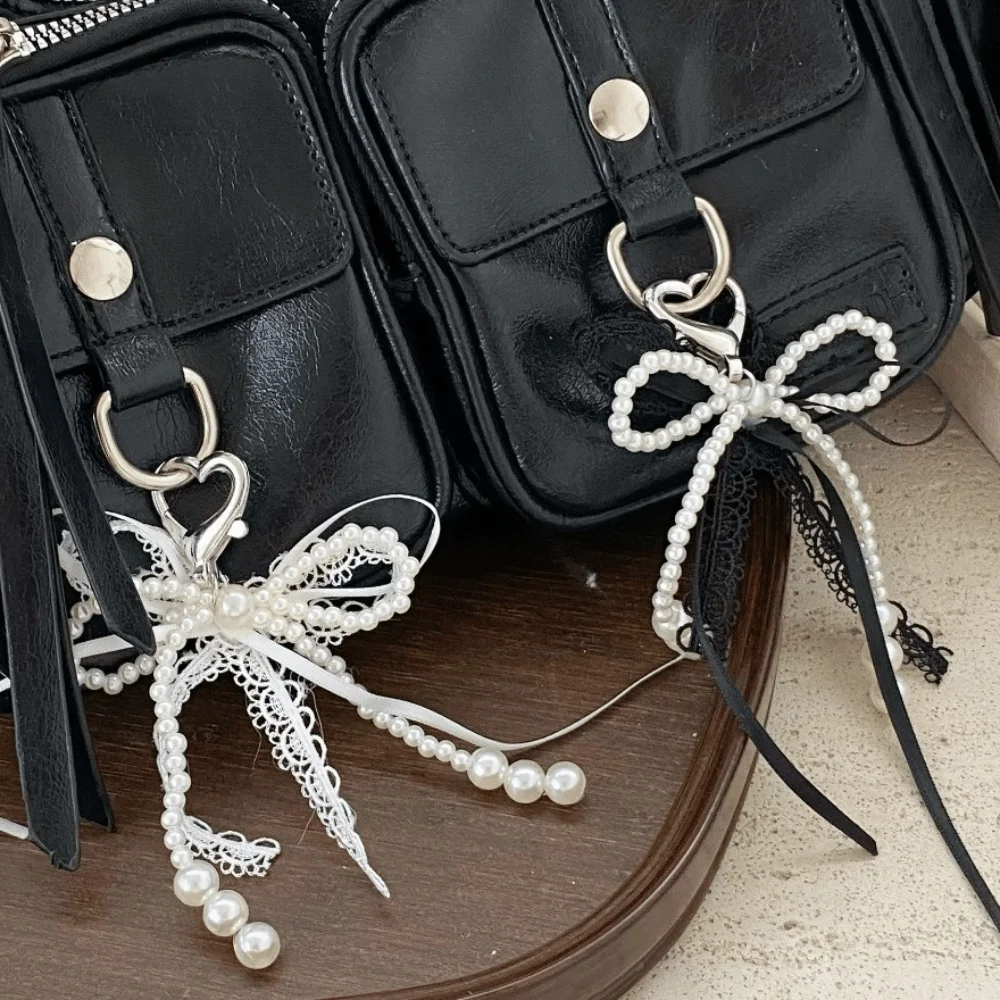 Y2K Pearl Lace Bow Keychain Bag Decorations Removable Bag Pendant Accessories Aesthetic Key Ring Girls Gifts
