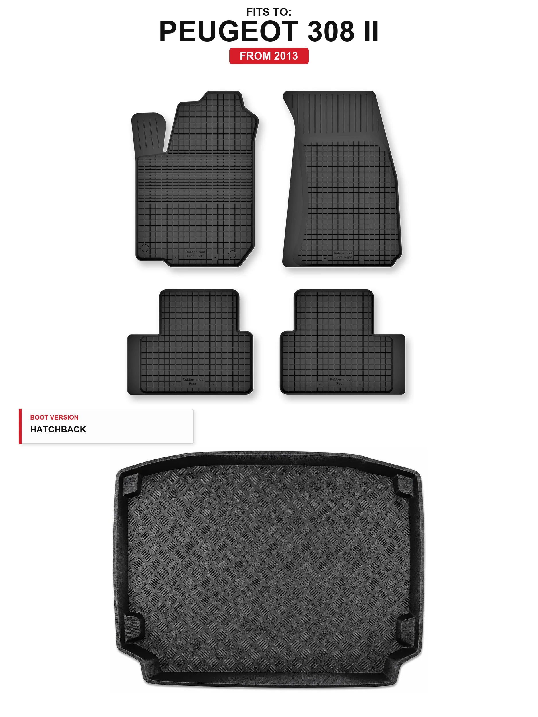 Tapijten in de kofferbak + kofferbakmat voor: Peugeot 308 II 2013- 5 El.