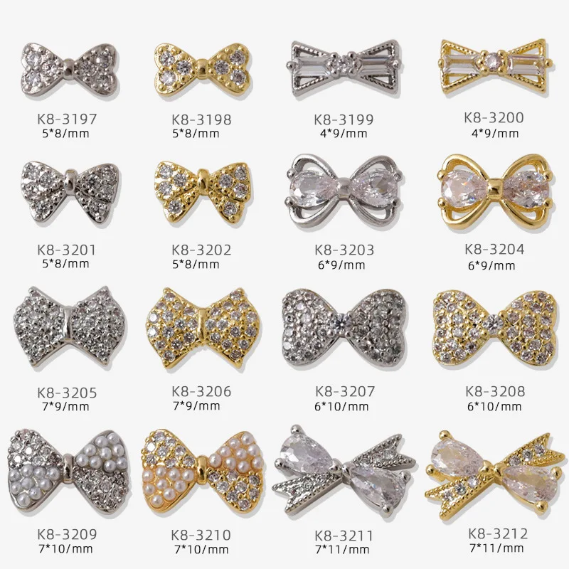 1Pcs Color Preserving Metal Bow Zircon Nail Charms Inlaid Pearls Rhinestone Ornaments for Handmade DIY Manicure Nail Decoration