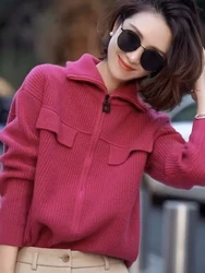 Autumn Winter New Thick Sweater Women's Clothing 100% Merino Wool Knitted Tops Fashion Korean Flip Collar Cardigan Coat Warm