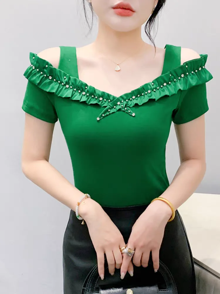 2025 Summer New Cotton Tshirts Women's Off-Shoulder Slim-Fit T-Shirt Ruffles Beaded Detail Casual Top