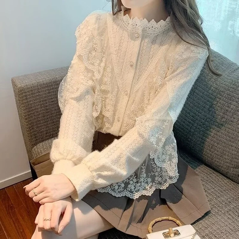 Elegant French Blouse Women Temperament Sweet Ruffles Loose Casual Tops Spring Long Sleeve Streetwear Apricot Shirts