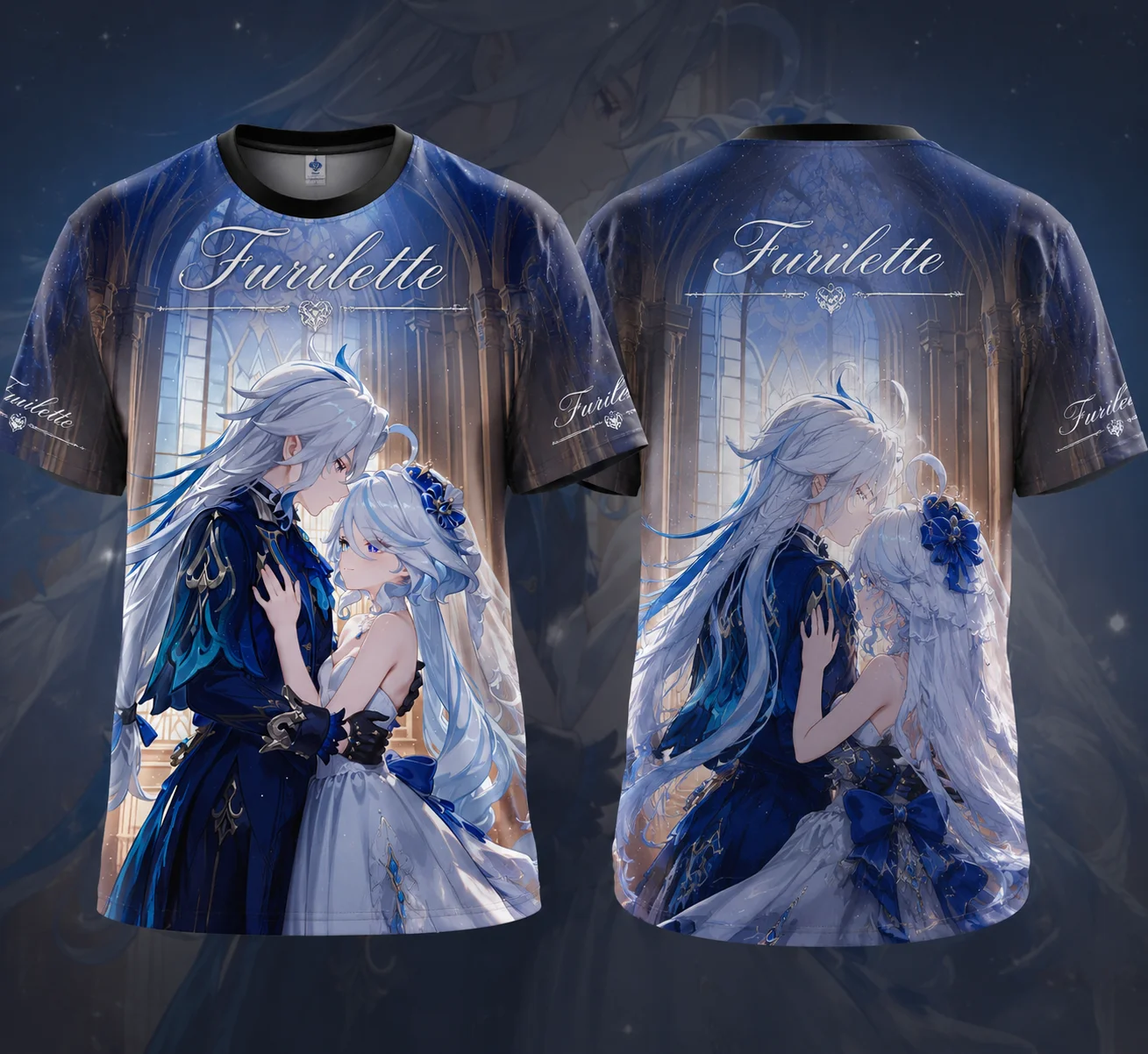 Genshin Impact Furina Neuvillette Furillette Anime T Shirt Couple Unisex Black Trim Graphic Print Tee Y2K Streetwear Casual