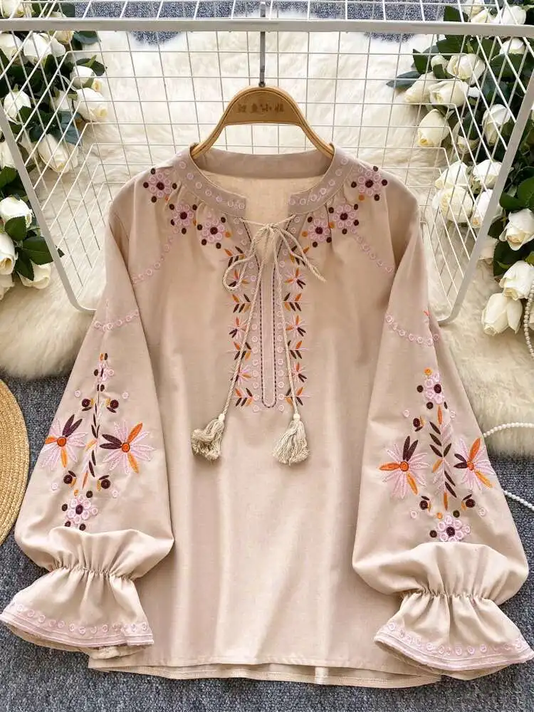 

Sweet Embroidered Beach Shirt Women Spring Summer Round Neck Lace Horn Sleeve Shirts Streetwear Loose Casual Top